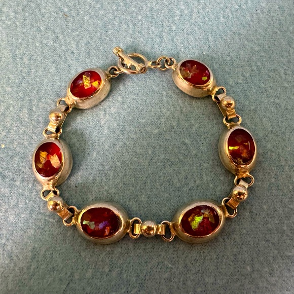 Vintage TAXCO Mexico Sterling Silver Bracelet with Red glass opals - Picture 1 of 11